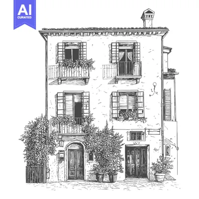 Aset desain premium: Charming Italian Building Architectural Sketch Drawing