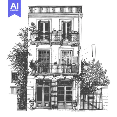 Premium design asset: Elegant Three Story Building With Balconies And Plants