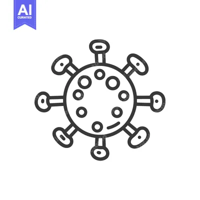 Premium design asset: Black and white illustration depicting a circular virus particle