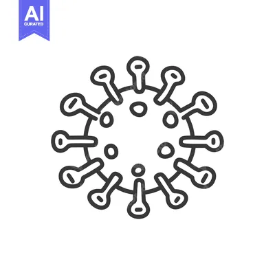 A black and white illustration of a coronavirus particle