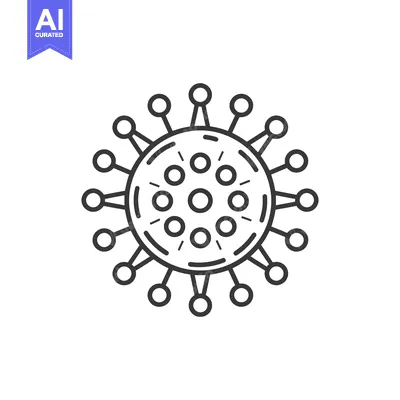 A black and white illustration of a microscopic virus particle