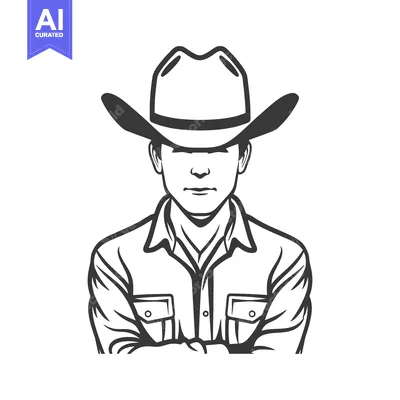 Aset premium populer: A black and white illustration depicting a cowboy with a hat