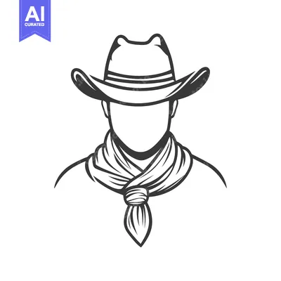 The outline illustration of a person wearing a cowboy hat and scarf