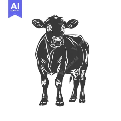 Aset premium populer: A black and white line drawing of a standing cow