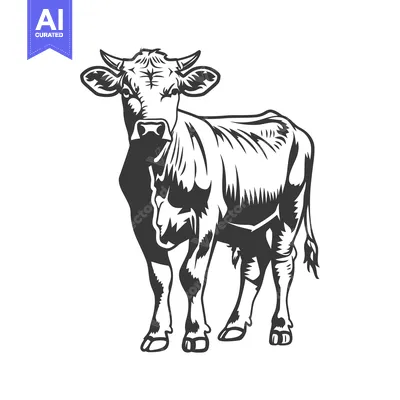 Premium design asset: A black and white illustration of a standing cow on white