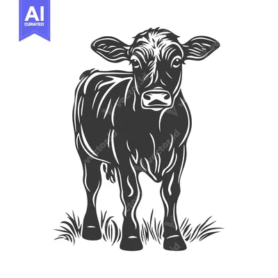 Aset desain premium: A black and white illustration depicts a young calf standing