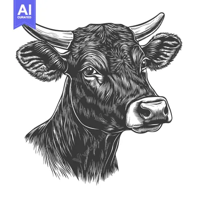Aset desain premium: A Detailed Engraving of a Cows Head