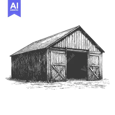 Popular premium asset: Rustic Wooden Barn with Open Doors Stands in a Field