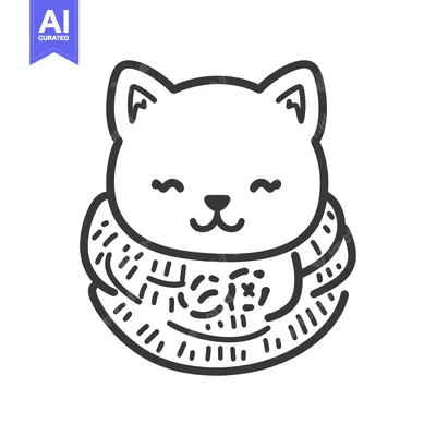 Aset premium populer: An adorable cat wearing a cozy patterned scarf with closed eyes