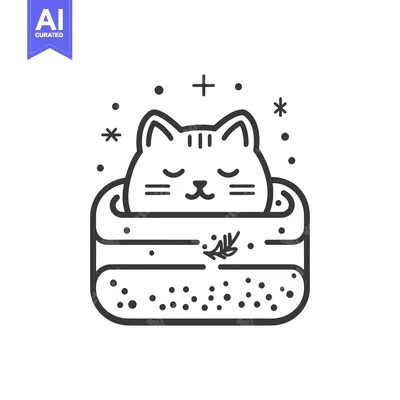 Aset desain premium: A cute cat nestled in a box with decorative elements