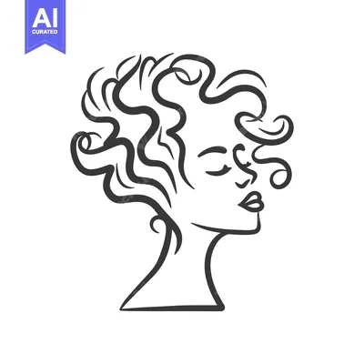 Aset premium populer: Simple outline illustration depicting a woman with curly hair closed e