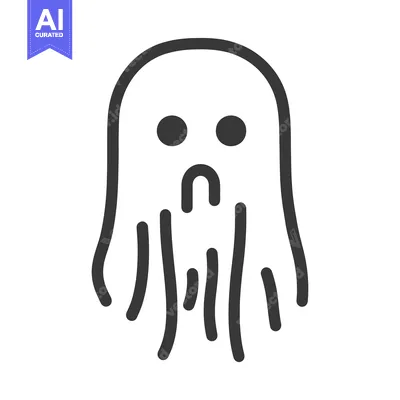 Aset desain premium: Simple outlined ghost with a sad expression floating upwards against w