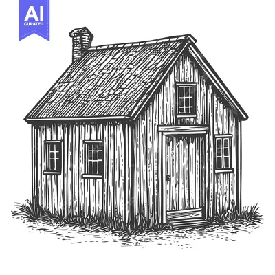 Aset desain premium: A Rustic Wooden House with a Chimney and Windows