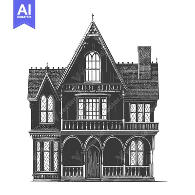 Aset desain premium: Victorian Gothic Style Mansion House Drawing Illustration