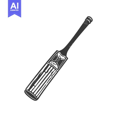 Aset desain premium: A detailed monochromatic illustration depicting a wooden cricket bat