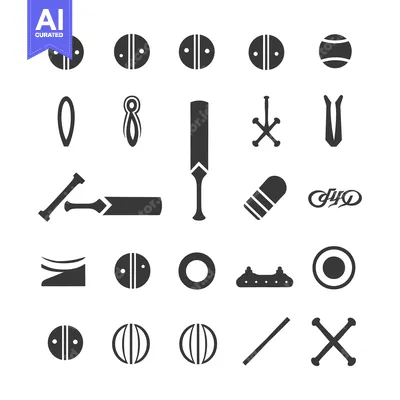 Aset desain premium: Cricket Equipment and Ball Icons in Black and White
