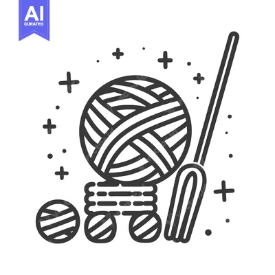 Aset desain premium: A cartoon depiction of knitting equipment with wool and hook