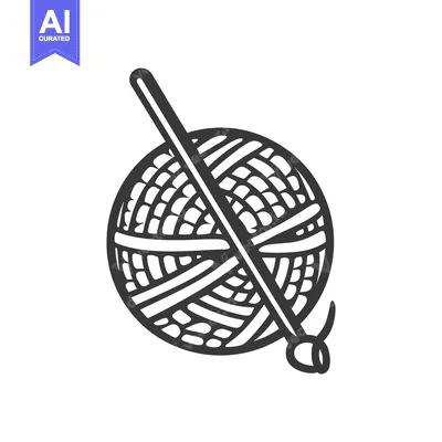 Black and white drawing of a yarn ball and crochet hook