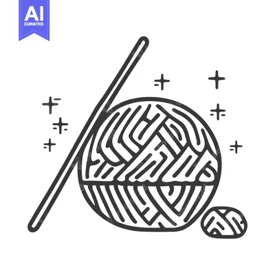 A drawing of a ball of yarn with knitting needles