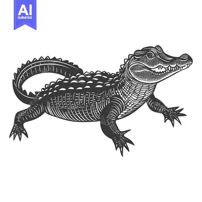 Aset desain premium: Detailed monochromatic illustration depicts an alligator walking on a