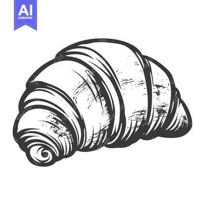 Hand drawn monochrome image depicting a flaky croissant pastry