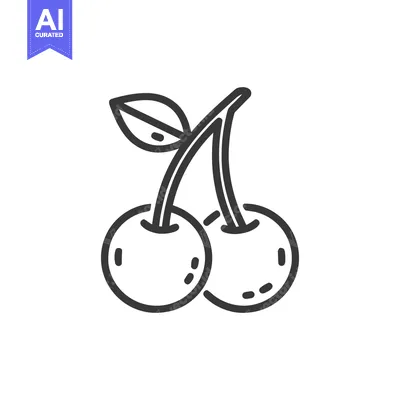 Aset desain premium: Minimalist Cherry Icon: Two Berries with Leaf, Outline Style