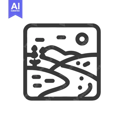 Aset premium populer: Minimalist Landscape Icon: Winding River, Hills, and Sun in Rounded Sq