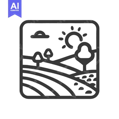 Aset premium populer: Minimalist Field Icon: Rolling Hills, Sun, and Trees in Black Outline