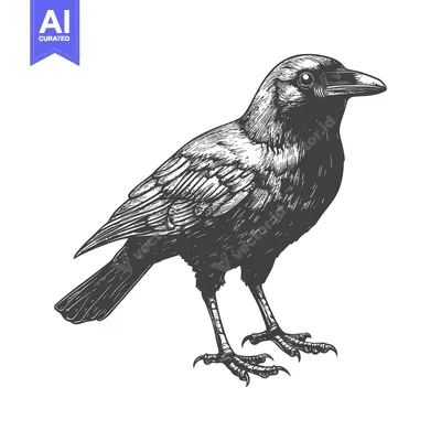 Aset premium populer: A detailed monochrome engraving of a standing raven bird
