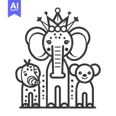Aset desain premium: Crowned Elephant with Two Friends