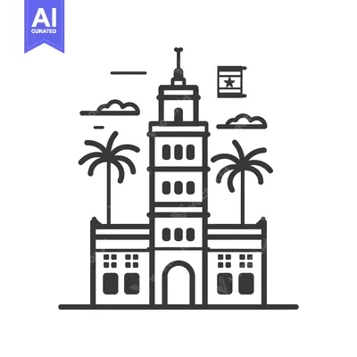 Premium design asset: Vector illustration depicting a tall building flanked by palm trees an
