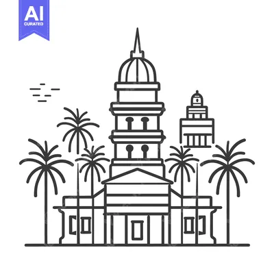Aset desain premium: A detailed vector outline of a grand architectural structure with palm