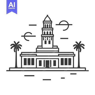 Premium design asset: A linear illustration depicting a tall building with palm trees