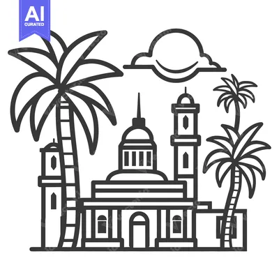Aset desain premium: A vector illustration of a coastal building with palm trees