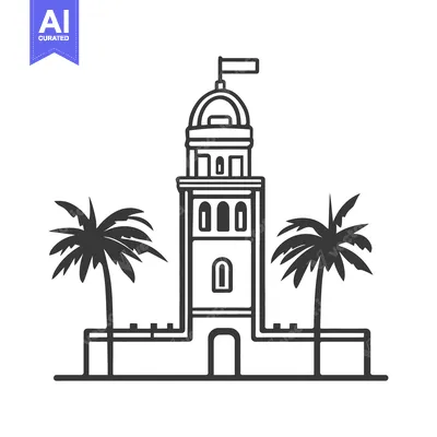 Aset desain premium: Simple black and white illustration of a seaside lighthouse and palm t