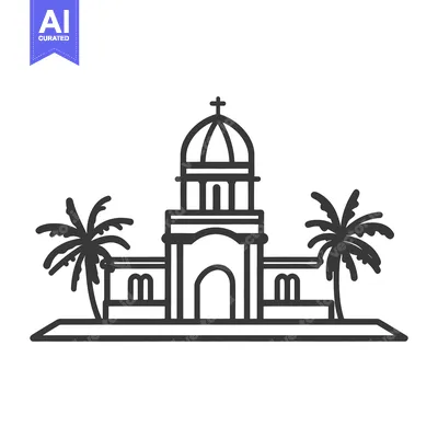 Aset premium populer: Simple line drawing depicting a church building with palm trees