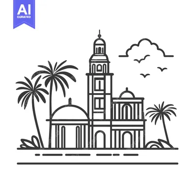 Aset desain premium: The iconic stylized illustration of building with palm trees