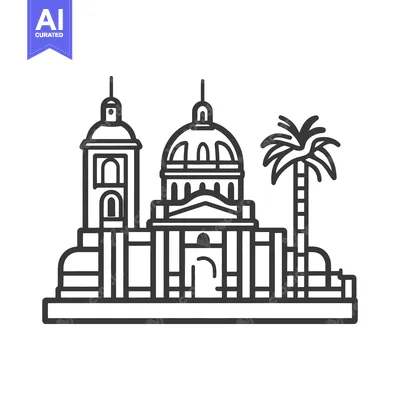 Premium design asset: Detailed black and white line art depiction of architecture and nature