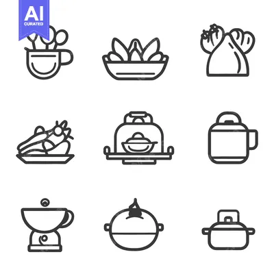 Aset desain premium: Nine minimalist illustrations of various kitchen utensils and food