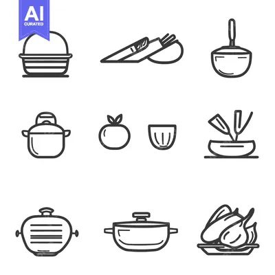 Aset premium populer: Monochrome illustrations of cooking utensils and food items are displa