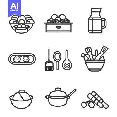 Popular premium asset: Black and white line icons depict food and kitchen tools