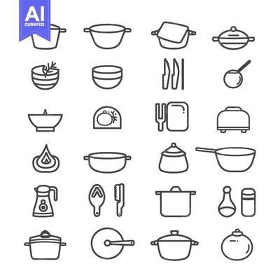 Aset premium populer: Collection of outlined cooking utensils and tableware on a white backg