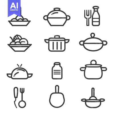 Premium design asset: Black and white line art of kitchenware and food items