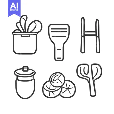 Aset premium populer: Simple outlined illustrations depicting various objects and kitchen it