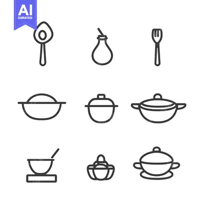 Aset desain premium: Simple monochrome illustrations of various kitchen cooking utensils an