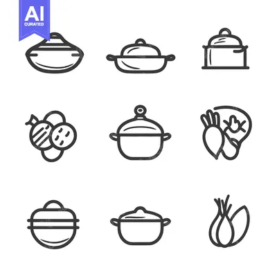 Aset premium populer: Simple line icons depicting cooking pots and vegetables for recipes