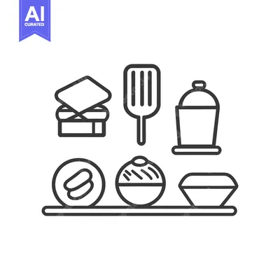 Aset desain premium: Simple line art depicting various food preparation and serving objects