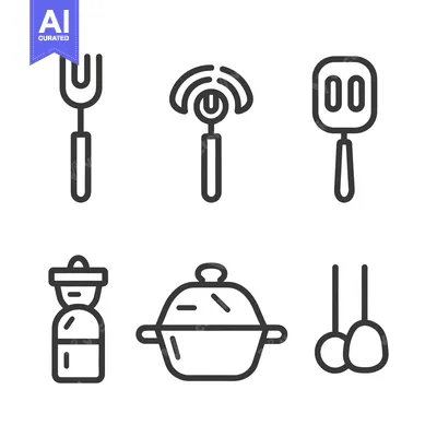 Aset desain premium: Six minimalist line art images of various cooking utensils