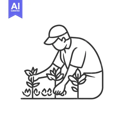 Aset desain premium: An illustrated farmer tending to young plants in a field