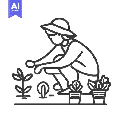 Aset desain premium: A person plants crops in a garden under the sun